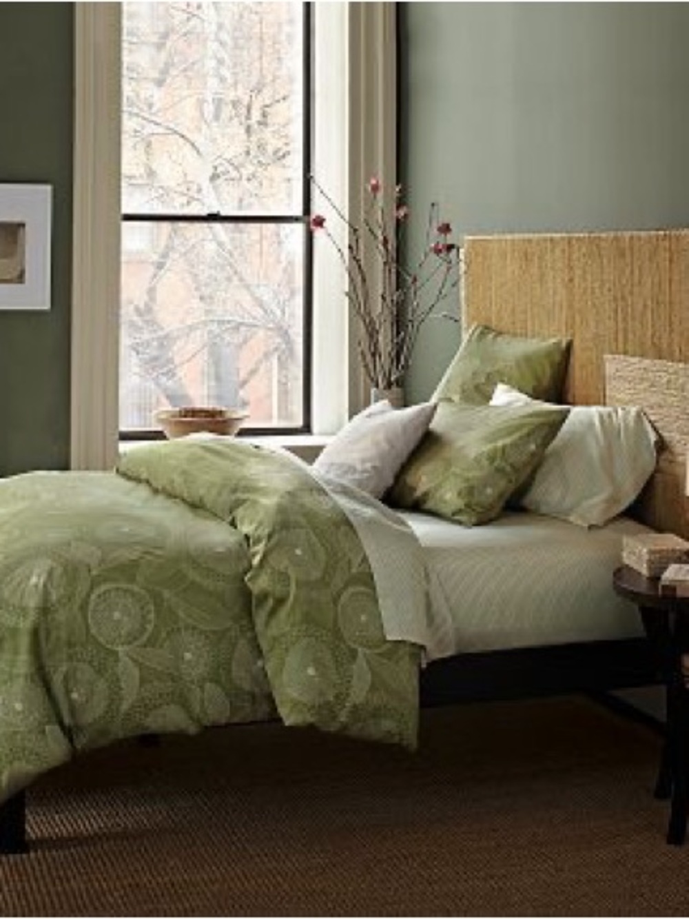 West Elm Olive Green Sunflower Floral King Cotton Duvet